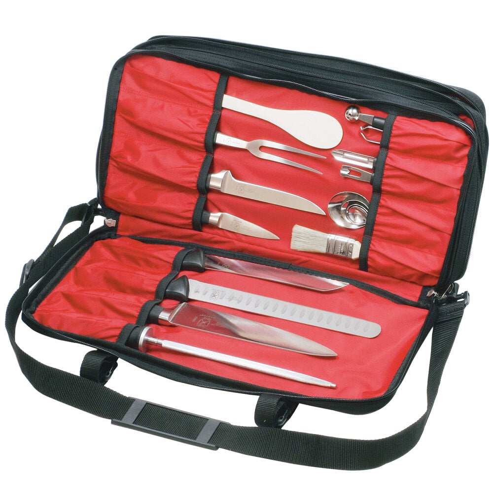Black knife case with red interior filled with an assortment of knives and tools