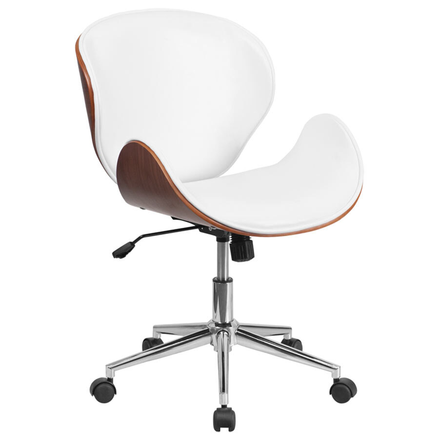 Mid-Back White Leather Walnut Wood Conference Swivel Chair