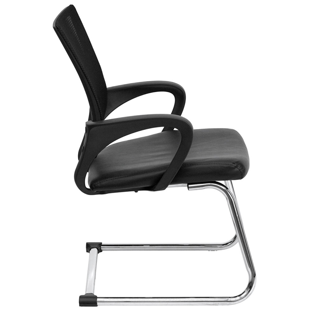 Black Leather Office Side Chair with Black Mesh Back and Sled Base