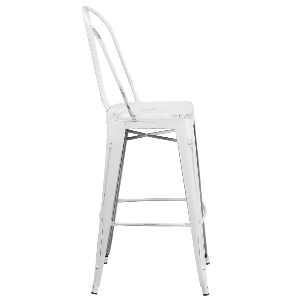 Distressed White Metal Bar Height Stool with Vertical Slat Back and