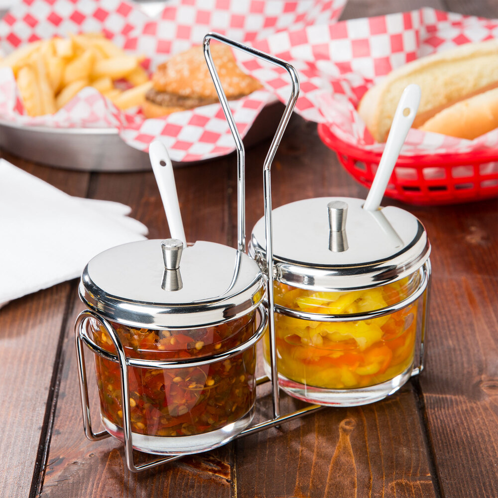 2 Compartment Wire Condiment Caddy with 7 oz. Glass Jars and Stainless