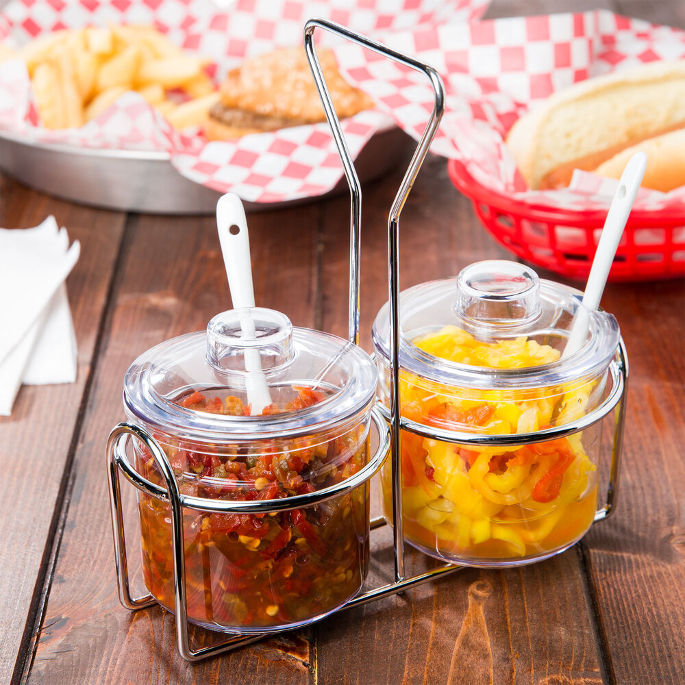 2 Compartment Wire Condiment Caddy with 7 oz. Clear Plastic Jars and Lids