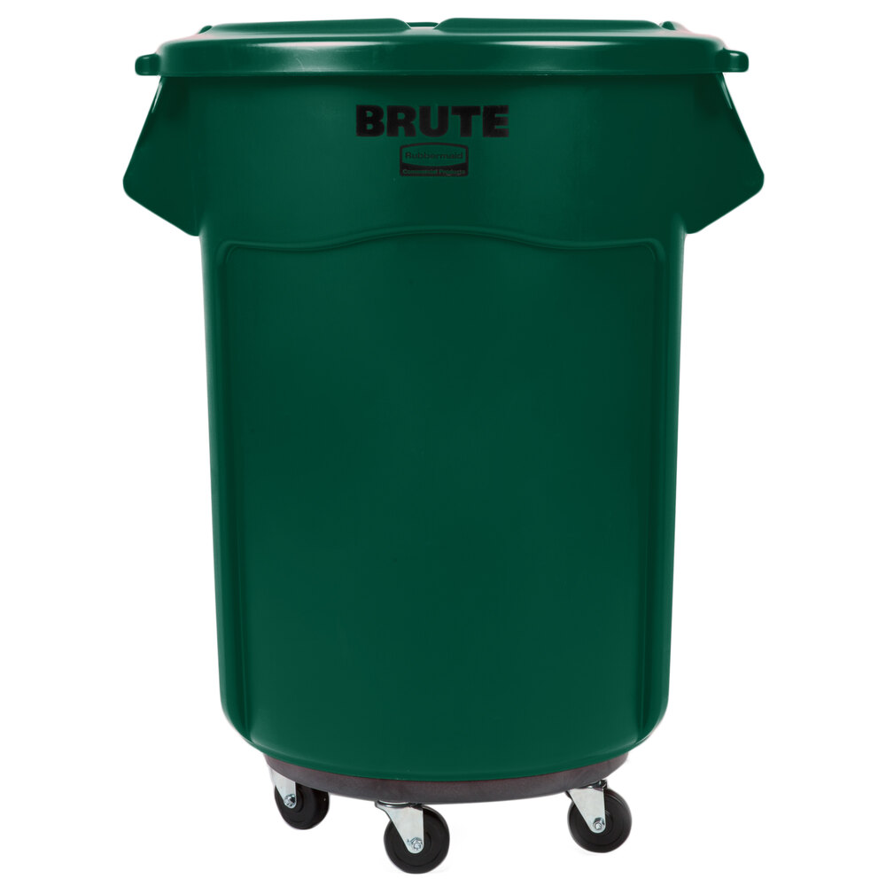 Rubbermaid BRUTE 55 Gallon Green Trash Can with Lid and Dolly