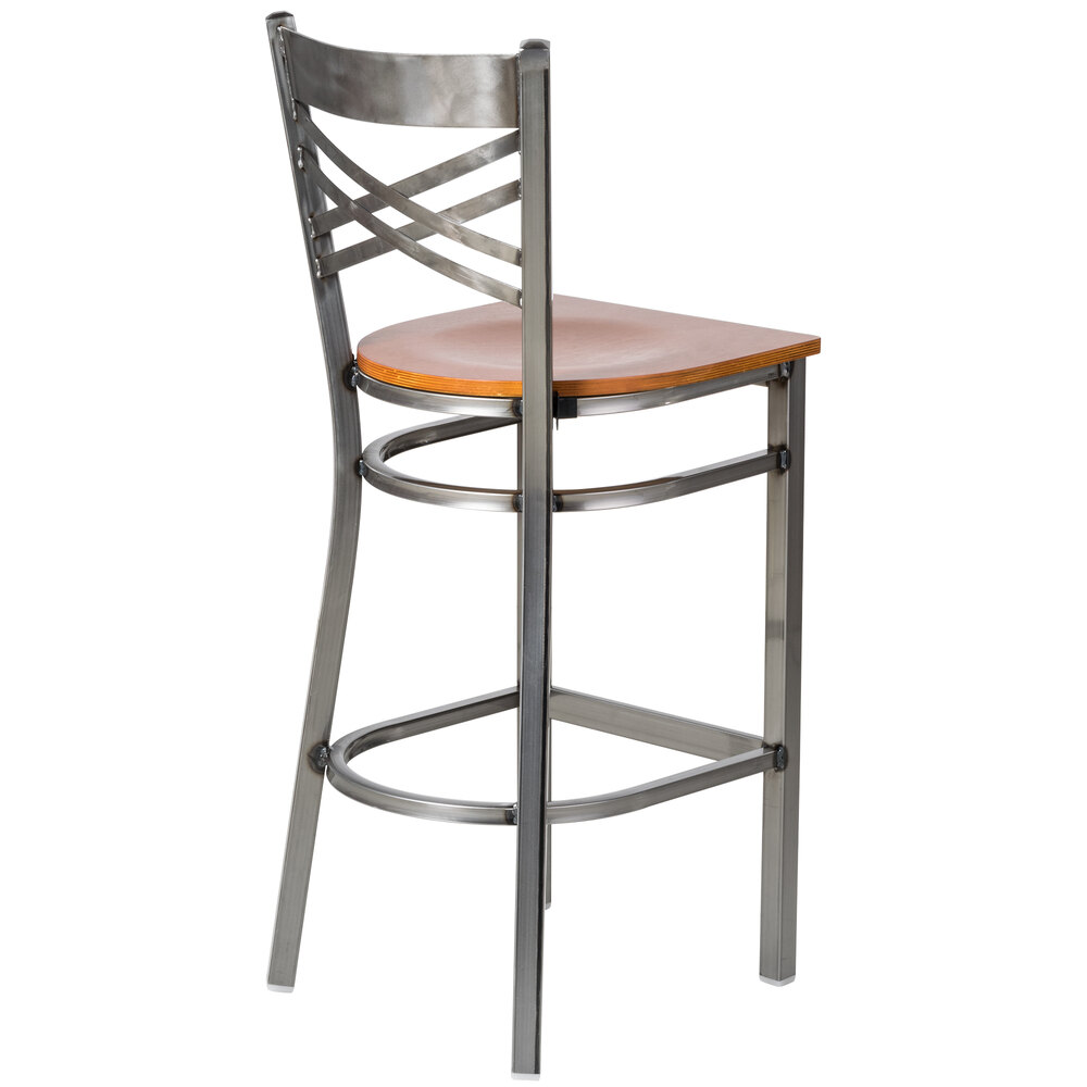 Lancaster Table & Seating Clear Coat Steel Cross Back Bar Height Chair with Cherry Wood Seat
