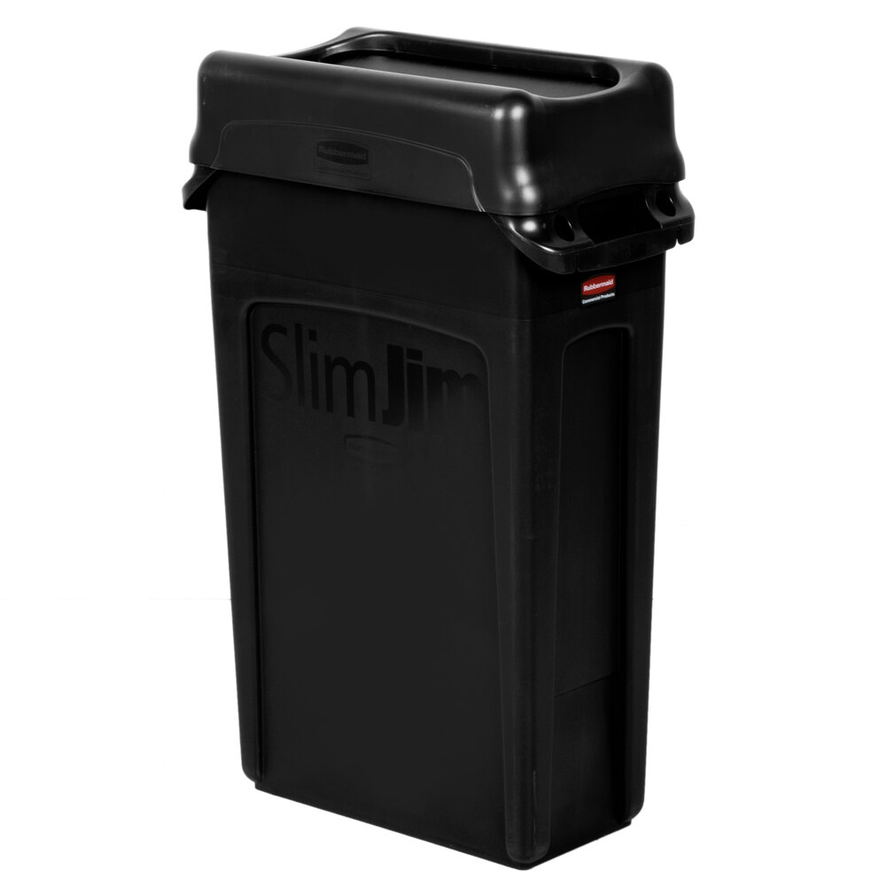 Rubbermaid Slim Jim 23 Gallon Black Wall Hugger Trash Can with Black Swing Lid