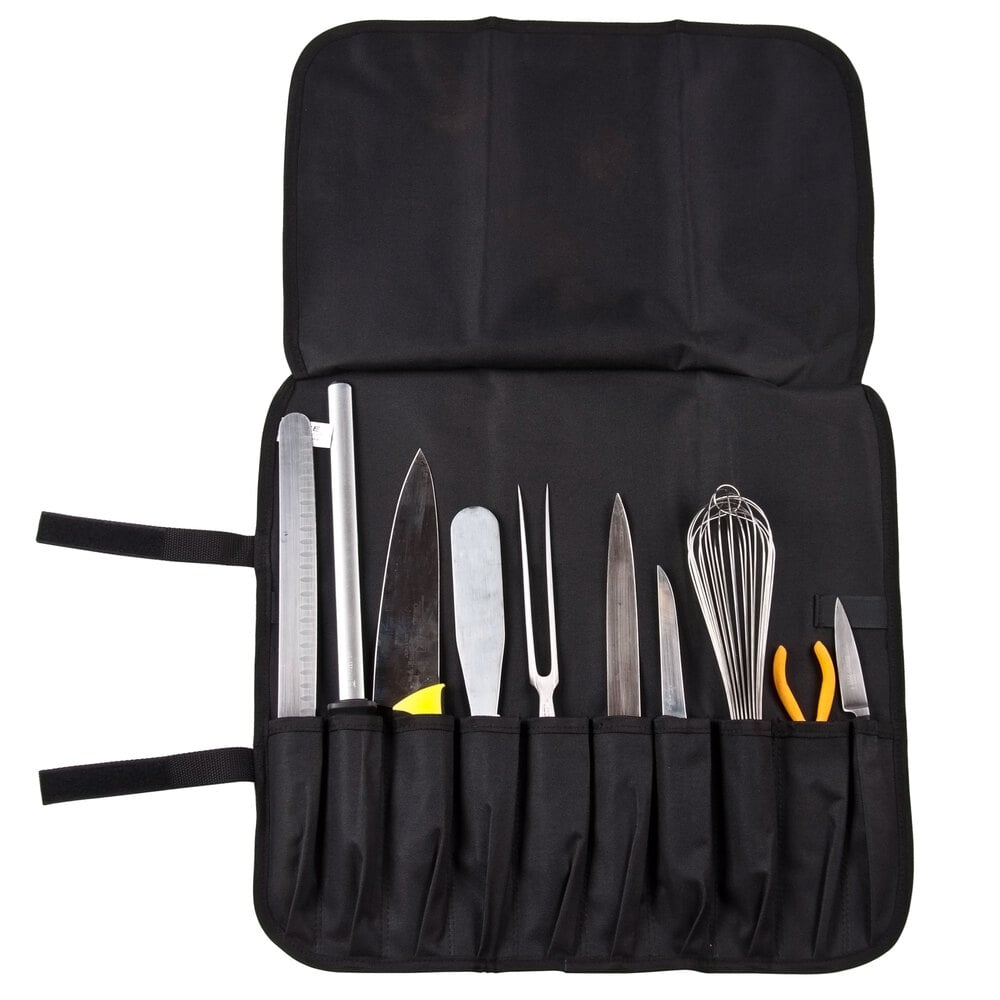 Black knife roll with an assortment of knives and utensils