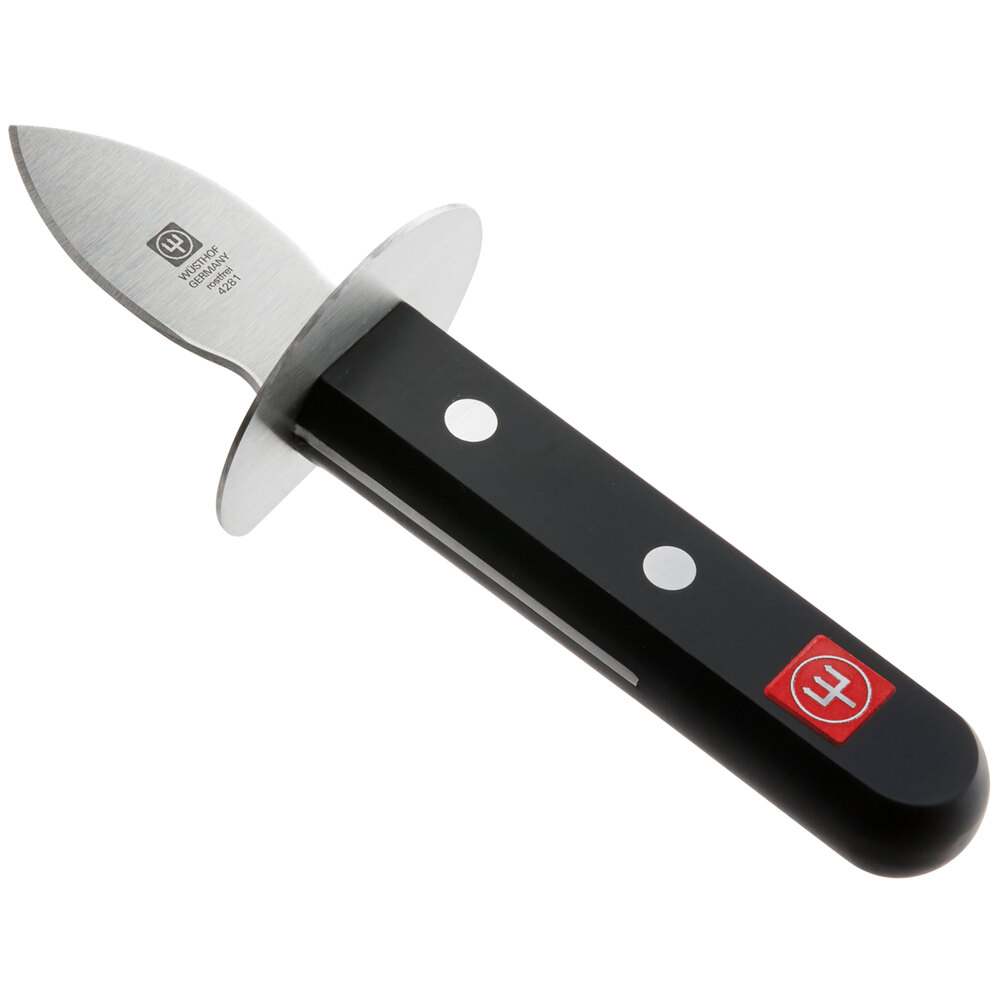 Wusthof stainless steel frenchman style oyster knife with black POM handle