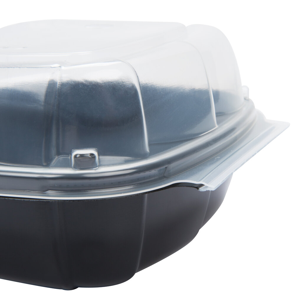 22 oz. Black 6" x 6" x 3" Square Microwaveable Plastic Hinged TakeOut