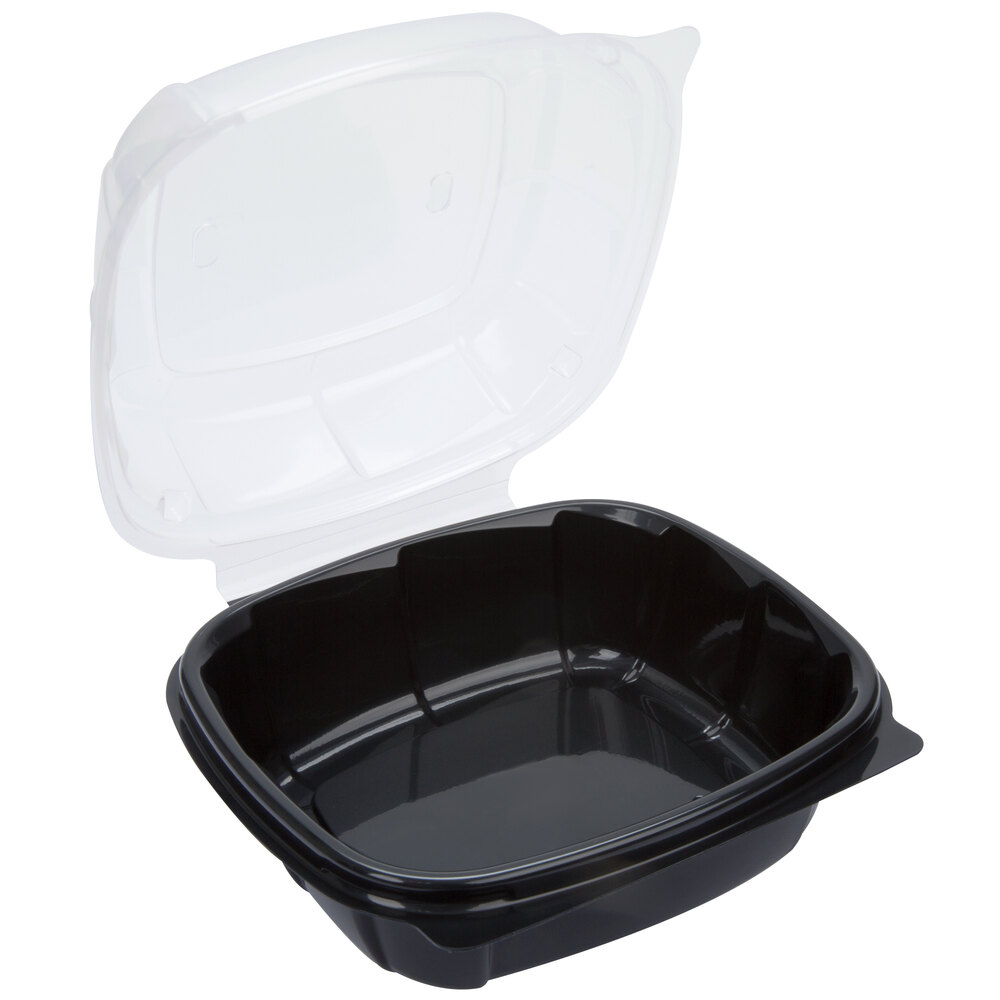22 oz. Black 6" x 6" x 3" Square Microwaveable Plastic Hinged TakeOut