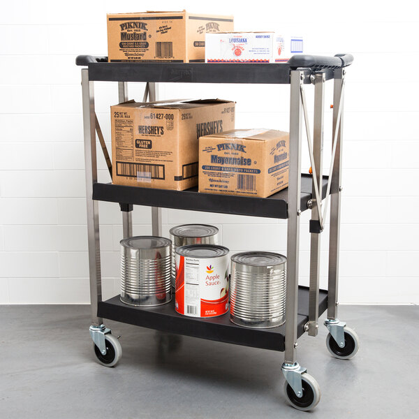 Black three tier folding utility cart with handles on both sides and four casters