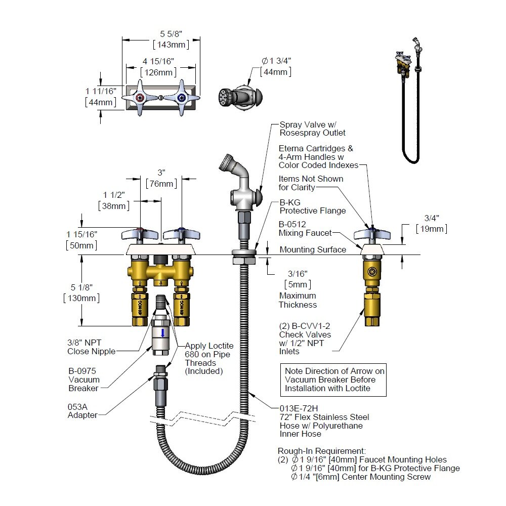 T&S B05120101CV Concealed Mixing Faucet with 3" Centers, 00285740