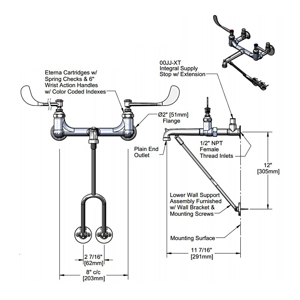 T&S B066402 Wall Mount Polished Chrome Service Sink Faucet with 8