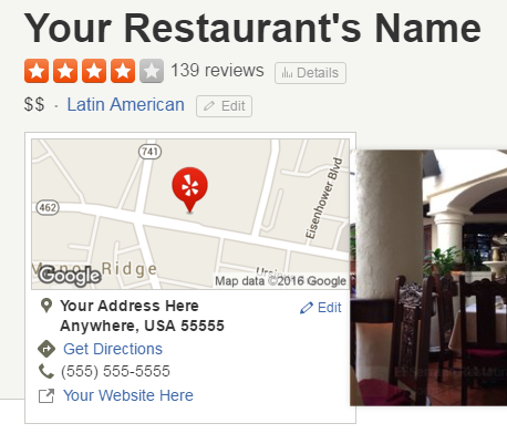 Yelp restaurant listing