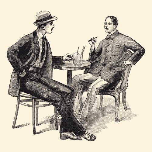 Vintage photo drawing of two men sitting at a table having a conversation over drinks