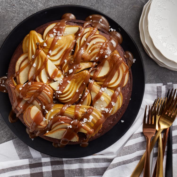 Mexican Chocolate Pear Cake with Salted Caramel