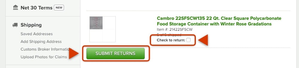 Image of WebstaurantStore website return items selection