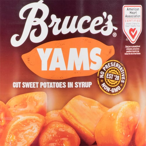 A can of Bruce's yams with sweet potatoes on the label.