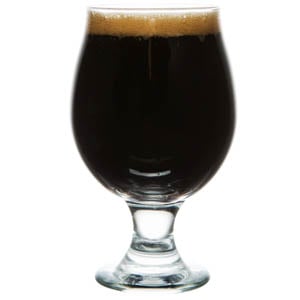 Belgian beer glass full of American Imperial Stout
