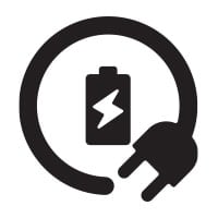 Graphic of black plug with cord forming circle around black battery