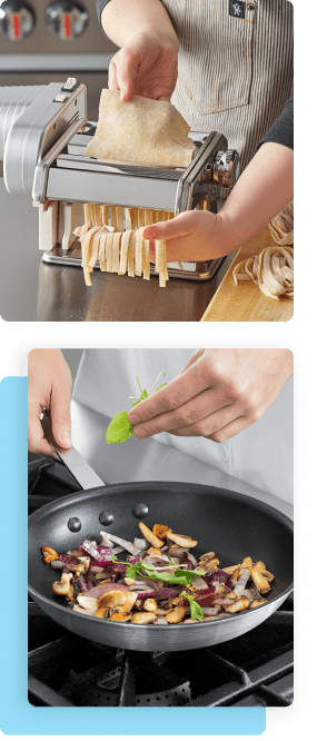 First image is a person making homemade pasta. Second image is a person cooking a vegetable stir fry.