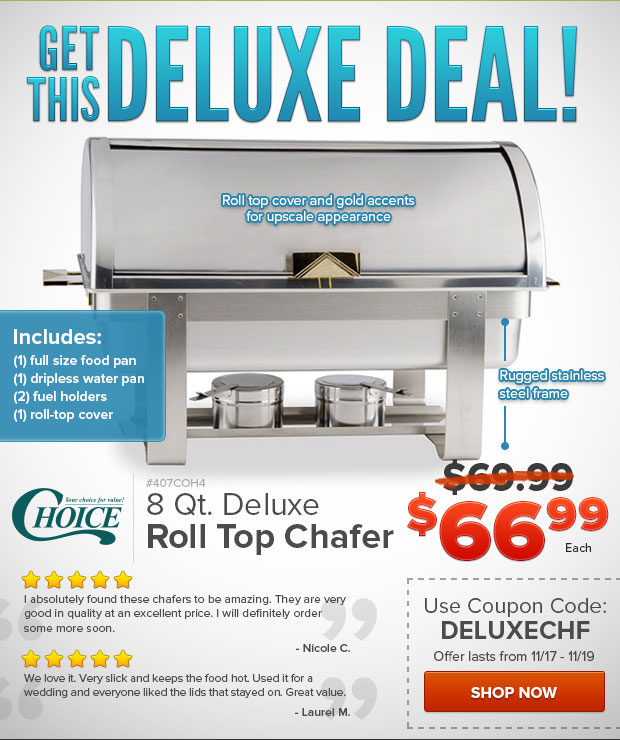 Get This Deluxe Deal! 8 Qt. Deluxe Roll Top Chafer on Sale!