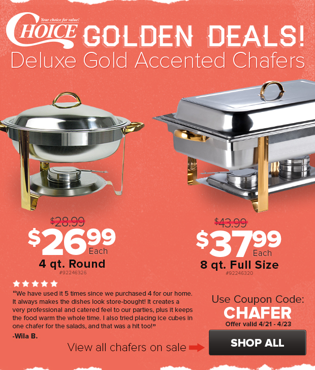 Choice Gold Accent Chafers on Sale!