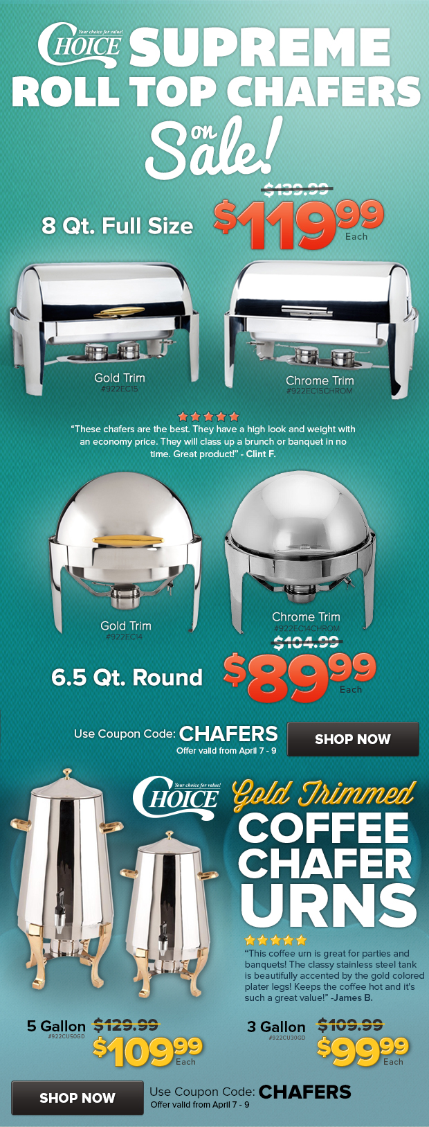 Choice Rolltop Chafers and Coffe Chafer Urns on Sale!