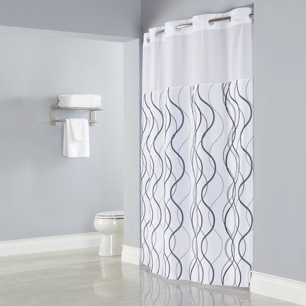 White With Gray Waves Shower Curtain, Hookless Shower Curtain With Snap Liner