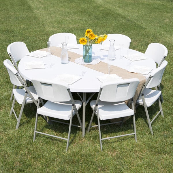 Granite White Plastic Bi Folding Table, 72 In Round Table Seats How Many