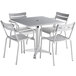 Lancaster Table & Seating 36" x 36" Silver Powder-Coated Aluminum Dining Height Outdoor Table with Umbrella Hole and 4 Arm Chairs Main Thumbnail 3