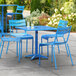 Lancaster Table & Seating 32" x 32" Blue Powder-Coated Aluminum Dining Height Outdoor Table with Umbrella Hole and 4 Side Chairs Main Thumbnail 1