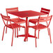 Lancaster Table & Seating 36" x 36" Red Powder-Coated Aluminum Dining Height Outdoor Table with Umbrella Hole and 4 Side Chairs Main Thumbnail 3