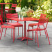 Lancaster Table & Seating 36" x 36" Red Powder-Coated Aluminum Dining Height Outdoor Table with Umbrella Hole and 4 Side Chairs Main Thumbnail 1
