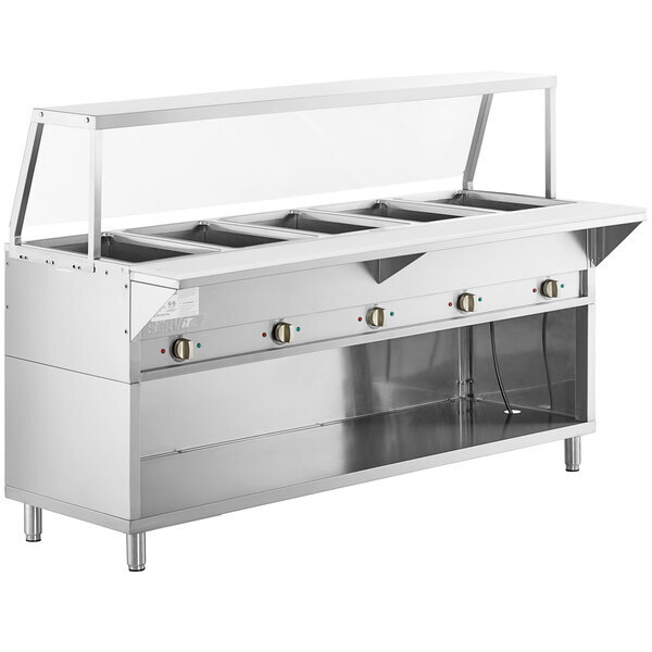 Scratch and Dent ServIt Five Pan Open Well Electric Steam Table with Partially Enclosed Base and Angled Sneeze Guard - 208/240V, 3750W