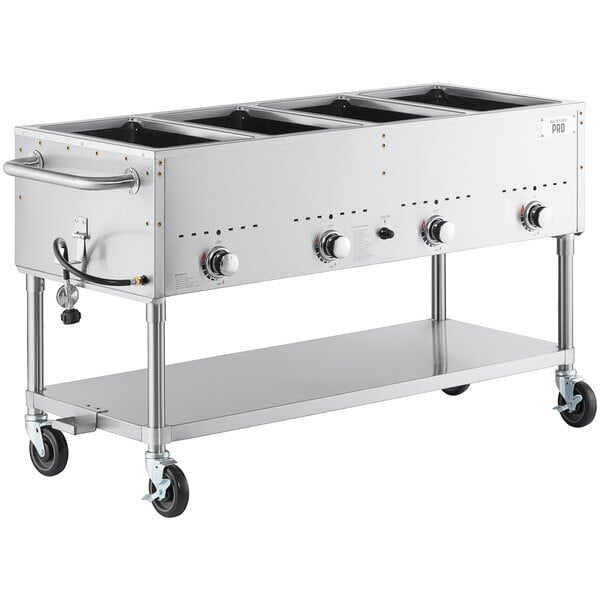 Scratch and Dent Backyard Pro Four Pan Open Well Mobile Liquid Propane Outdoor Steam Table with Undershelf - 14,000 BTU