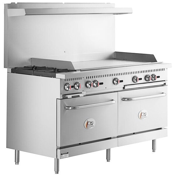 Scratch and Dent Cooking Performance Group S60-G48-L Liquid Propane 2 Burner 60" Range with 48" Griddle and 2 Standard Ovens - 200,000 BTU