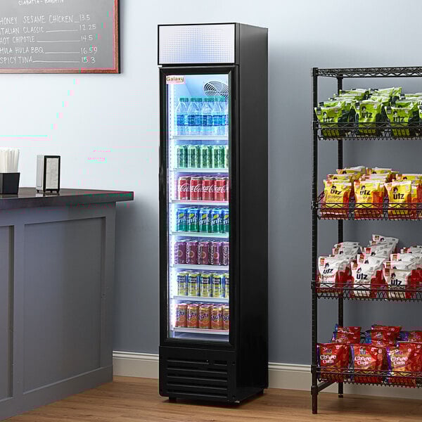 Scratch and Dent Galaxy GDN-5 16 9/16" Black Swing Glass Door Merchandiser Refrigerator with Red, White, and Blue LED Lighting