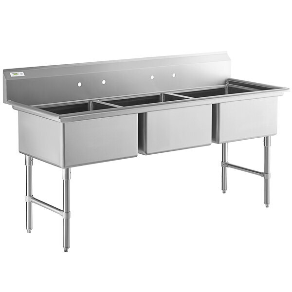 Scratch and Dent Regency 78" 16-Gauge Stainless Steel Three Compartment Commercial Sink with Stainless Steel Legs, Cross Bracing, and without Drainboards - 23" x 23" x 12" Bowls