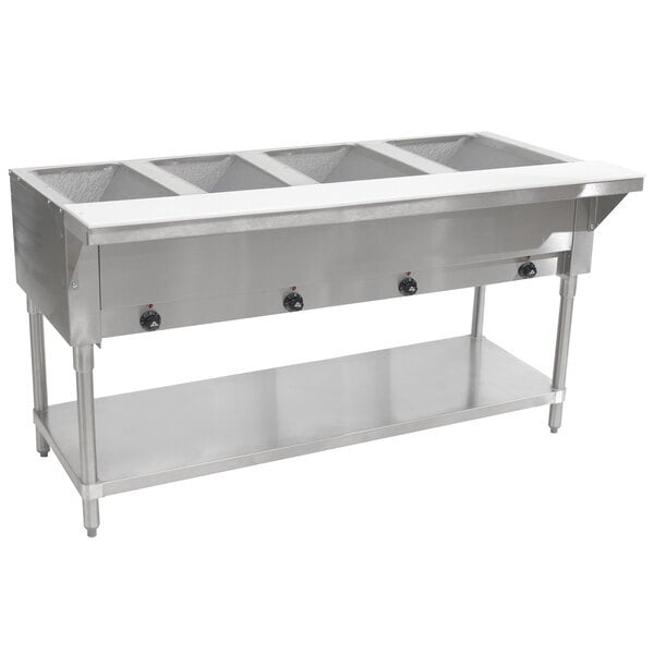 Scratch and Dent Advance Tabco SW-4E-240 Four Pan Electric Hot Food Table with Undershelf - Sealed Well, 208/240V