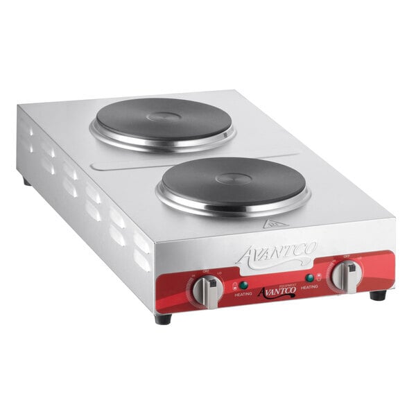 Scratch and Dent Avantco 177EB202F2BM Double Burner Solid Top Stainless Steel Portable Electric Front-to-Back Hot Plate - 3,000W, 240V