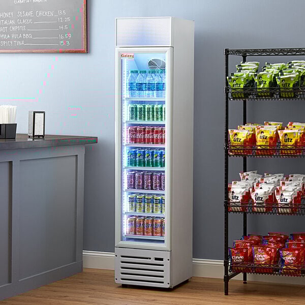 Scratch and Dent Galaxy GDN-5 16 9/16" White Swing Glass Door Merchandiser Refrigerator with Red, White, and Blue LED Lighting