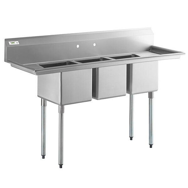 Scratch and Dent Regency 70" 16 Gauge Stainless Steel Three Compartment Sink with Galvanized Steel Legs and Two Drainboards - 14" x 16" x 12" Bowls