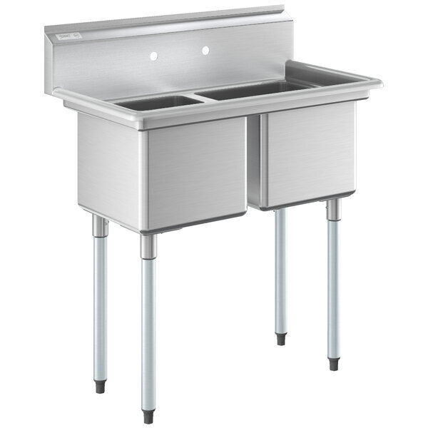 Scratch and Dent Regency 37" 16 Gauge Stainless Steel Two Compartment Commercial Sink with Galvanized Steel Legs - 15" x 15" x 12" Bowls