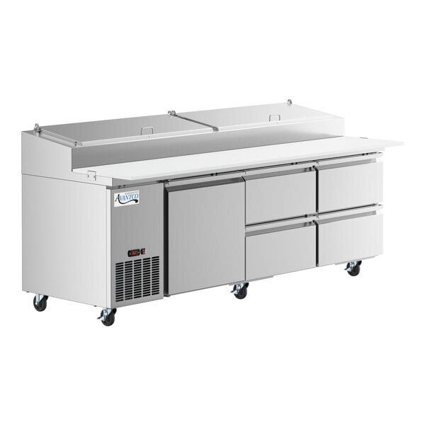 Scratch and Dent Avantco SSPPT-3G 93" 1 Door Refrigerated Pizza Prep Table with 4 Drawers
