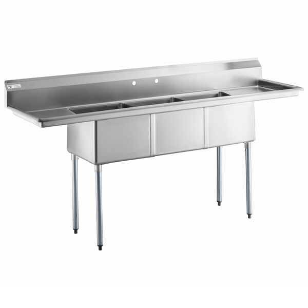Scratch and Dent Steelton 90" 18-Gauge Stainless Steel Three Compartment Commercial Sink with 2 Drainboards - 18" x 18" x 12" Bowls