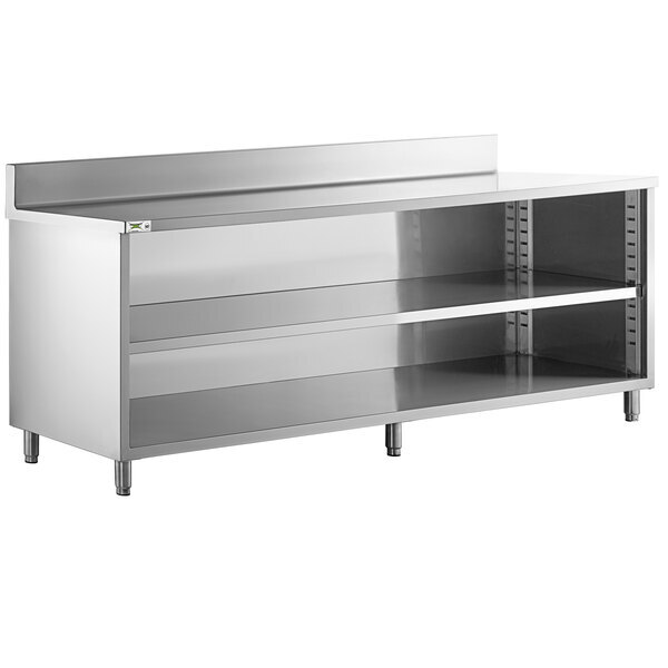 Scratch and Dent Regency 24" x 96" 16 Gauge Type 304 Stainless Steel Enclosed Base Open Front Table with Adjustable Midshelf and 6" Backsplash