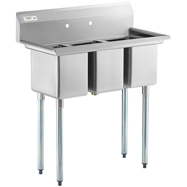 Scratch and Dent Regency 39" 16-Gauge Stainless Steel Three Compartment Commercial Sink with Galvanized Steel Legs and without Drainboards - 10" x 14" x 12" Bowls