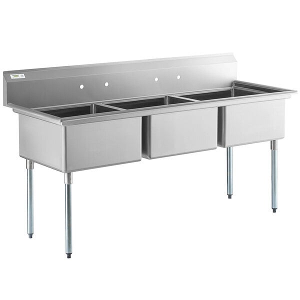 Scratch and Dent Regency 78" 16-Gauge Stainless Steel Three Compartment Commercial Sink with Galvanized Steel Legs and without Drainboard - 23" x 23" x 12" Bowls