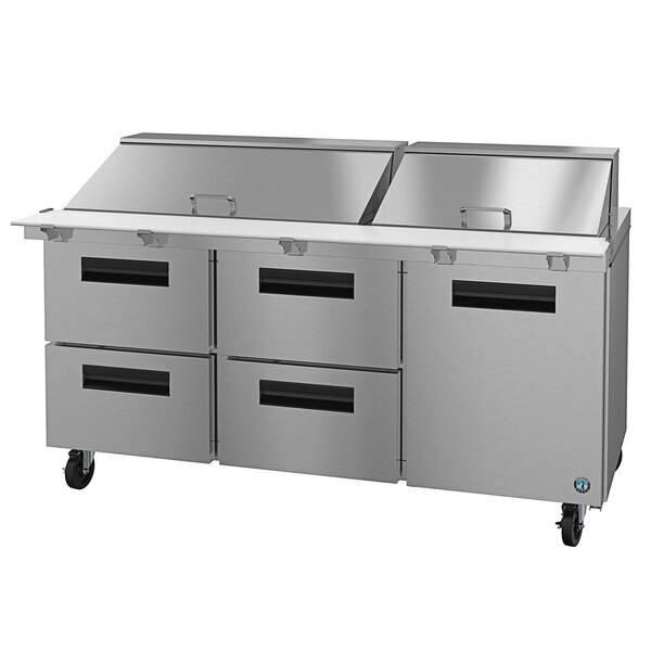Scratch and Dent Hoshizaki SR72B-30MD4 Steelheart 72" Stainless Steel Mega Top Refrigerated Prep Table with One Door / Four Drawer Combo
