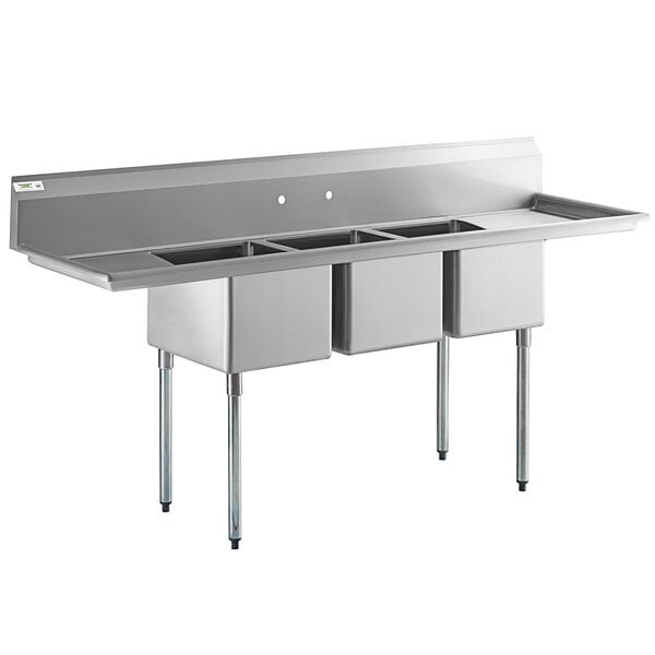 Scratch and Dent Regency 88" 16 Gauge Stainless Steel Three Compartment Commercial Sink with Galvanized Steel Legs and 2 Drainboards - 16" x 20" x 12" Bowls
